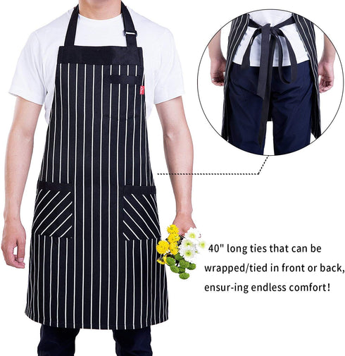 Aprons for Women and Men - Kitchen Chef Apron with 3 Pockets, Adjustable Bib Apron, 32" x 28" - Black/White