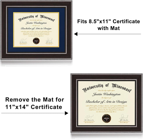 11x14 8.5x11 14 11 Diploma Frames with Blue Mat, Fits Degree Certificate Document, x Walnut Color Frame with Plexiglass