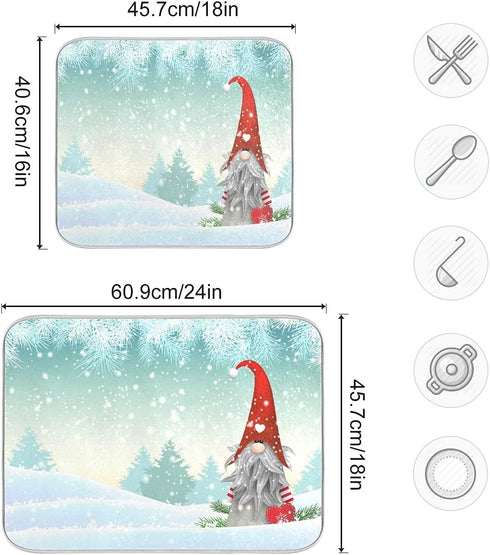 Christmas Gnome Standing Snowfall Winter Dish Drying Mat, Extra Large Absorbent Mat for Kitchen, 18" x 24"