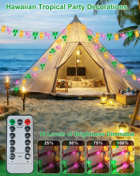 50 25ft Summer 8 LED Hawaiian Beach String Lights Outdoor with Remote, Flamingo Pineapple Palm Tree Fairy Twinkle