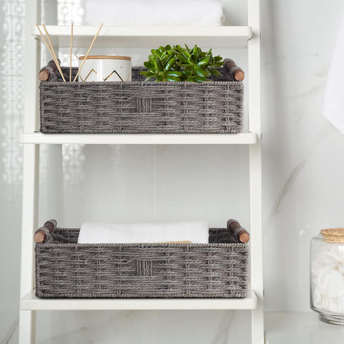 Round Grey Paper Rope Storage Basket, Wicker Baskets for Organizing with Handle, Decorative Storage Bins