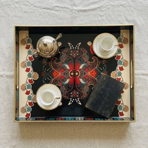 MaAixHom 15.8" 11.8" x Black Plastic Serving Tray with Handles, Bohemian Folk Art Bird & Mandala Pattern with Gold