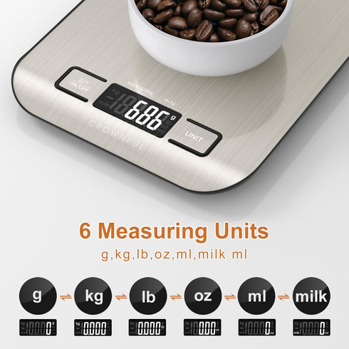 CROWNFUL Food Scale, 11 lb Digital Kitchen Scales with Built-in Coin Battery, LCD Display, 304 Stainless Steel