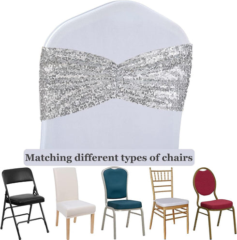 SquarePie Pack of 10 Sequin Chair Sashes, Silver Sparkling Decorative Bands for Wedding Banquet Party Decor