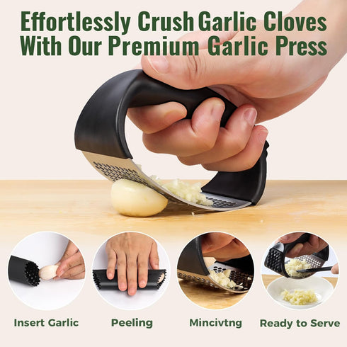 Pomyter Garlic Press Rocker, Stainless Steel Garlic Mincer and Garlic Crusher, Easy-Squeeze Garlic Tool with Peeler