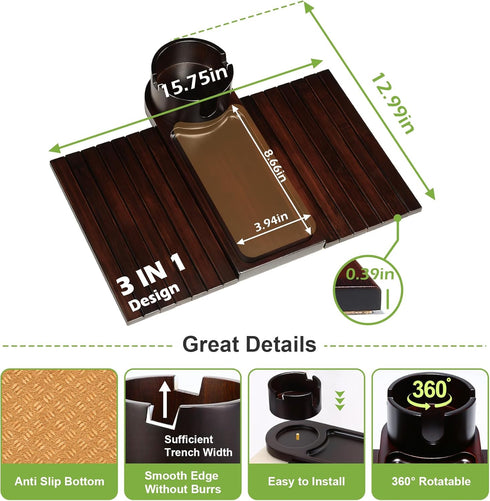 360 Couch Cup Holder,Bamboo Couch Arm Tray with Rotating Cup Holder,Foldable Anti-Slip Sofa Arm Chair Tray for Eating