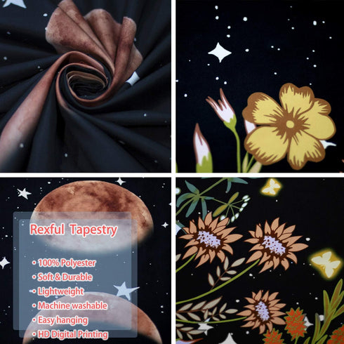 Rexful Moonlit Garden Tapestry - Moon Phase Surrounded by Plants and Flowers, Black Wall Hanging Blanket 44×60 inch