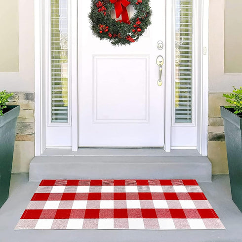 USTIDE Cotton Buffalo Plaid Rug, Red & White Check, 23.6"X51", Hand-Woven Indoor/Outdoor Washable Carpet