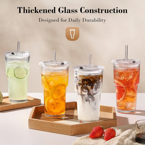 20oz 4 Pack GOSCHE Glass Tumblers with Straws and Lids, Ribbed Iced Coffee Cups Leak-proof, Dishwasher Safe, Thickened