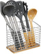 Utensil Holder for Kitchen Counter, Metal Rack for Cooking Tools Storage, Sturdy Base with Drainage Hole (Chrome Wooden)