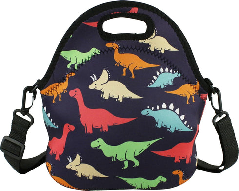 Violet Mist Neoprene Lunch Bag | Reusable Insulated Box with Adjustable Shoulder Strap for Men and Women, Dinosaur 2