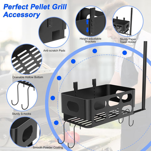 Storage Bin for Traeger Smoker Grill Caddy with Paper Towel Holder and Hooks and Anti-Scratch Pads, Traeger Accessories