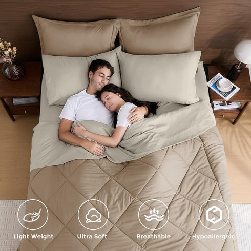 Set 7-Piece Set HEVUMYI Khaki & Linen Full Comforter - All Season Bed in a Bag Full, Ultra Soft Bedding with Comforter