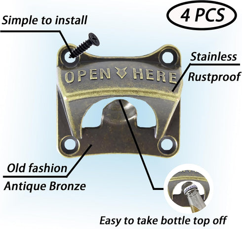 Vintage Square Wall Mounted Bottle Opener, Stainless Beer Cap Opener Antique Bronze (Pack of 4)