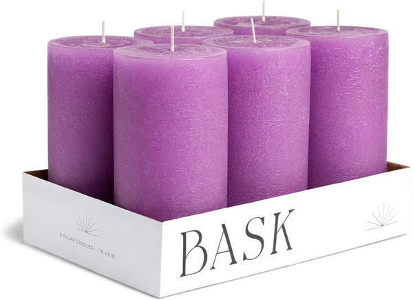 Bask Mottled Pillar Candles - Set of 6, 3" x 6" Dripless Unscented Purple Candles for Home Decor & Relaxation