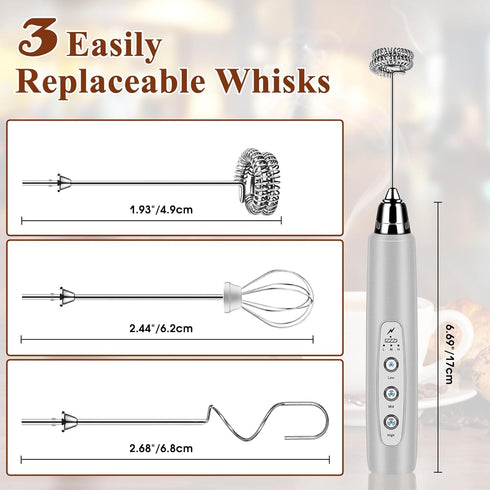 Rechargeable Milk Frother Handheld, Electric Foam Maker Wand, 3 Stainless Whisks, Drink Mixer for Lattes, Cappuccino
