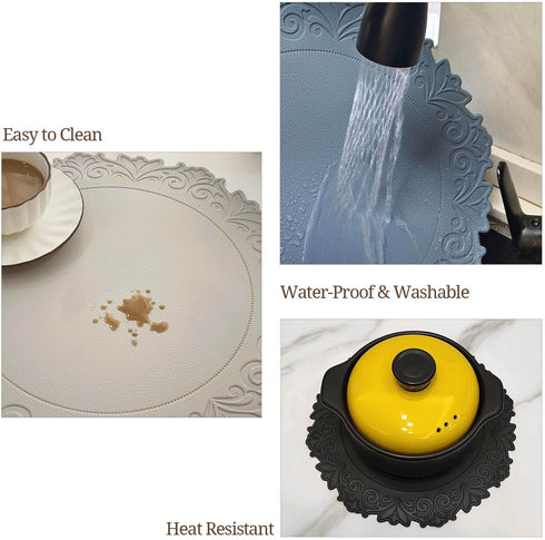 Round Placemat for Dining Table, Set of 6, Orange, PU Waterproof Heat Insulation Stain Resistant Non-Slip Washable Mat