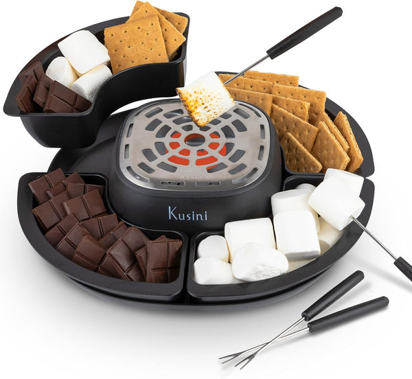 Kusini Smores Maker, Flameless Electric Indoor Marshmallow Roaster, 4 Detachable Trays & Forks, Gift Set