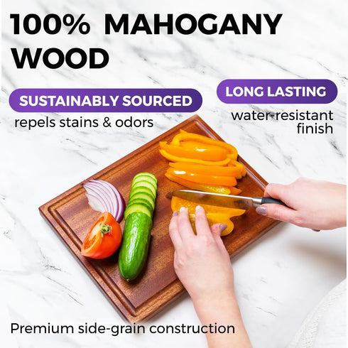 Straga Premium Mahogany Hardwood Cutting Board, 12" x 9" x 0.75", Sustainable Kitchen Essential with Juice Groove