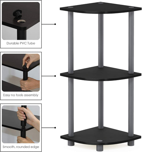 3-Tier Furinno TURN-N-TUBE Corner Shelf, Corner Bookshelf, Display Storage Shelves with Open Shelves, for Organization