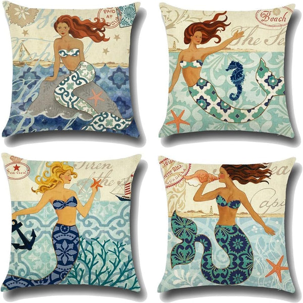 ULOVE LOVE YOURSELF Ocean Theme Throw Pillow Case - 4 Pack Cotton Linen Mermaid Square Cushion Covers 18 X 18 Inch