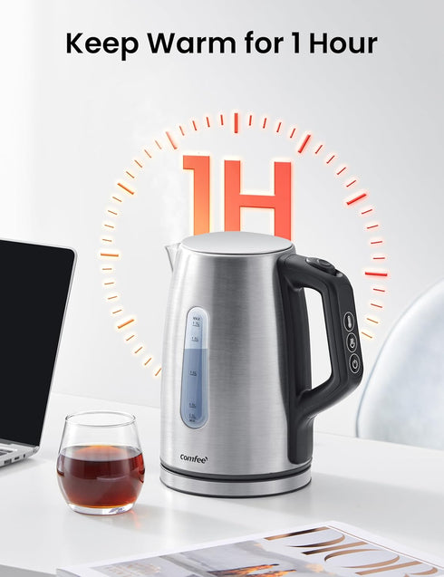 6 Presets, 1-Hr 1.7 1500W COMFEE' Stainless Steel Electric Kettle, Temperature Control with Keep Warm, Kettle Water