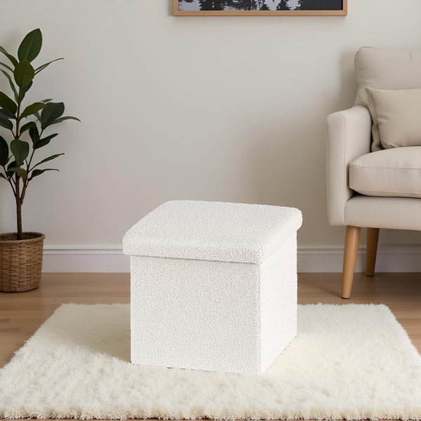 15 Inches Small Storage Ottoman - Square Ottoman with Sherpa Top,Storage Bench