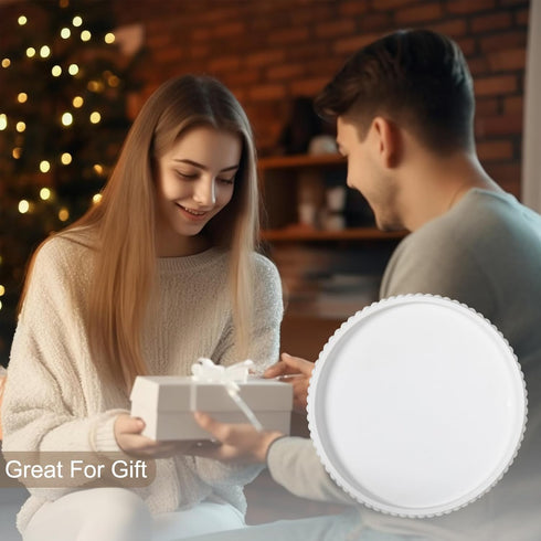 12in White Round Wooden Tray with Wood Beaded Garland for Home Decor- Decorative Tray for Living Room Decor, Coffee