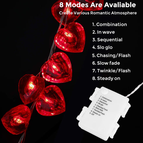 2 Pack 100LED 8 Valentines Day Decor, Total Modes Battery Operated w/Timer Diamond Cut Red Heart Twinkle Fairy String