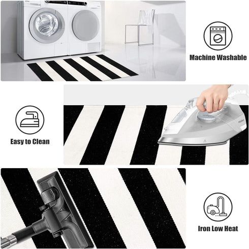 LEEVAN Black and White Striped Door Mat, 2'x4', Washable Reversible Cotton Woven Rug for Indoor/Outdoor