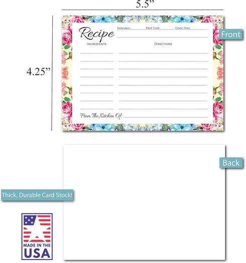 Pioneer Woman Style Floral Recipe Cards (100 Pcs) Flower Recipe Cards, Floral Index Cards, Blank Back Recipe Notecards, Perfect for Bridal Shower (100, 4.25" x 5.5")