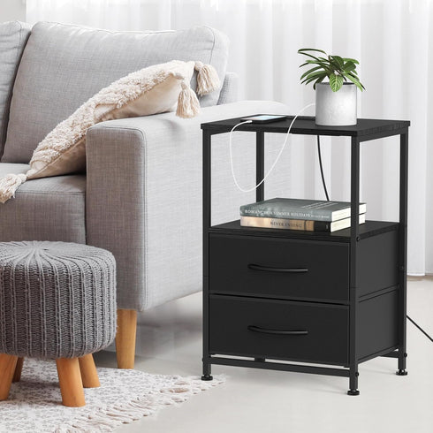 2 YBING Nightstand with Charging Station End Table with Fabric Drawer Bedside Table with USB Ports and Power Outlets