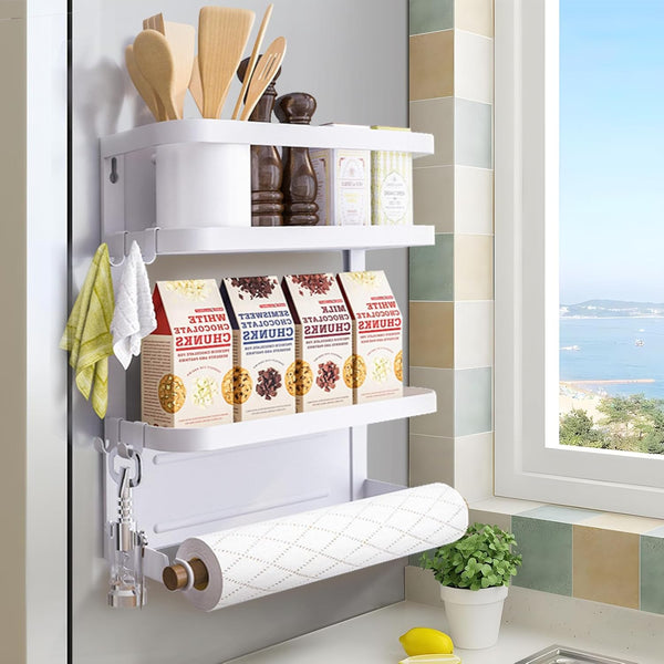 Magnetic Spice Rack for Refrigerator, White Magnetic Paper Towel Holder, Kitchen Organization and Storage