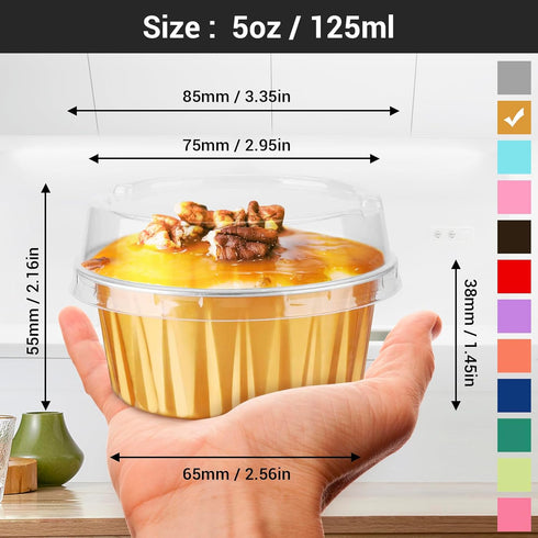 EUSOAR Disposable Ramekins Aluminum Foil, Gold 25Packs 5oz Baking Cups with Lids Mini Muffin Liners, Dessert Cheesecake Pan Creme Brulee Cupcake Containers for Catering Club Wedding Party by EUSOAR