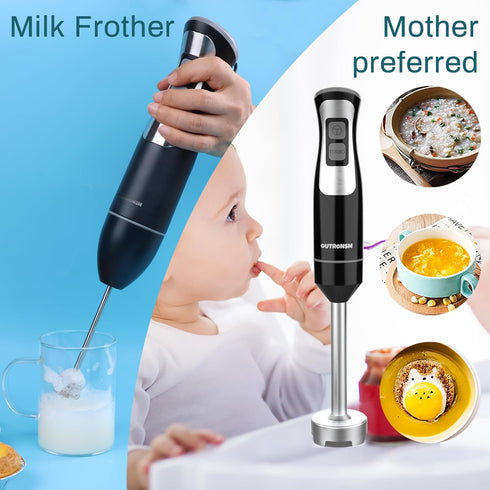 Immersion Blender Handheld, OUTRONSM Hand Blender with 4-point Thickened SS Blades, Milk Frother, Egg Whisk for