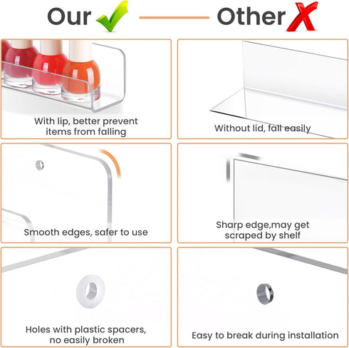 6 Pack 1.7" x12" upsimples Clear Acrylic Shelves, Clear Wall Shelves for Nail Polish, Vinyl Wall Mount, Record Holder