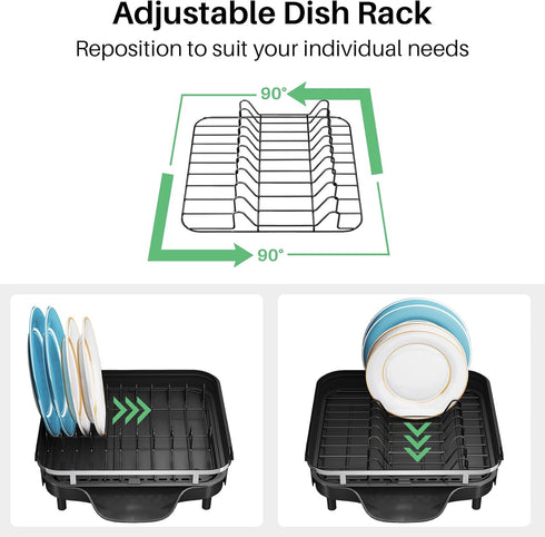 Dish Drying Rack - Expandable Stainless Steel Dish Rack with Drainboard Set and Utensil Holder, Black