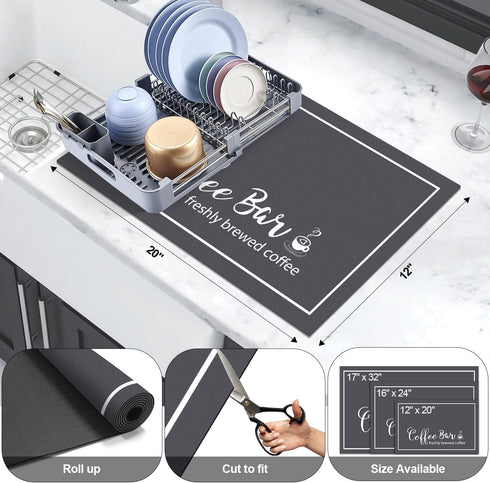 Dish Drying Mat, 12"x20" Absorbent Coffee Bar Mat for Countertops, Kitchen Accessories with Coffee Cup Pattern for