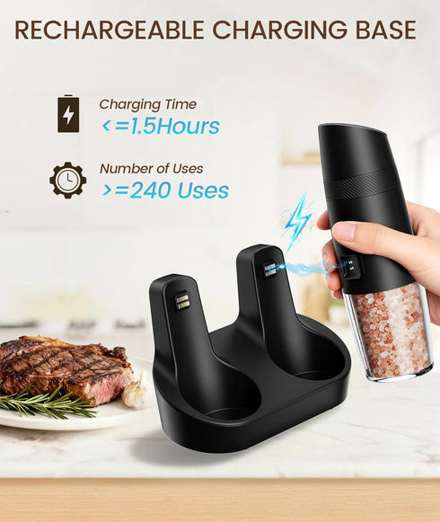 Set 135ml Ringco Gravity Electric Salt and Pepper Grinder with Charging Base, Automatic Gravity Salt and Pepper Mill