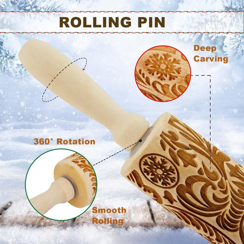 Wooden Engraved Rolling Pin - Christmas Snowflake Designs for Baking Cookies and Decor