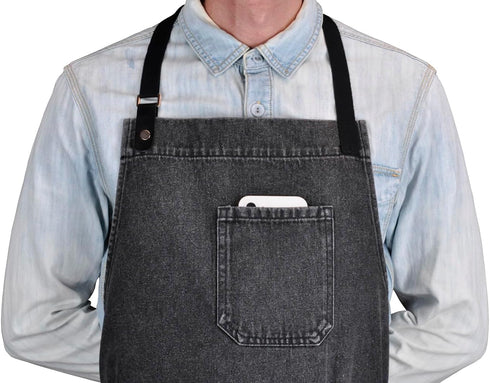 '-2) Denim Apron with Pockets, Professional for Mens Womens Chef Kitchen Cooking Grill BBQ Painting Baking, Black Bib