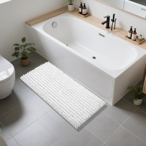 Yimobra Long Bathroom Rugs Non Slip Washable 44x24 Inch - Ultra Soft Absorbent Chenille Bath Mat for Tub Shower, White