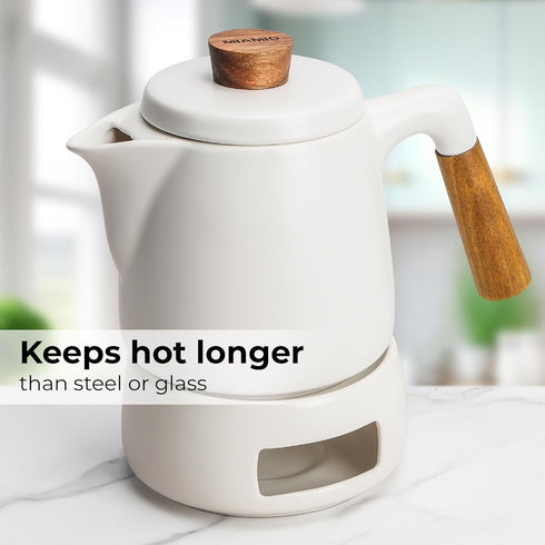 Set 34 oz MIAMIO - Teapot with Warmer / Tea Kettle with Infuser for Steeping Loose Tea Leaves - Gift for Women/Tea
