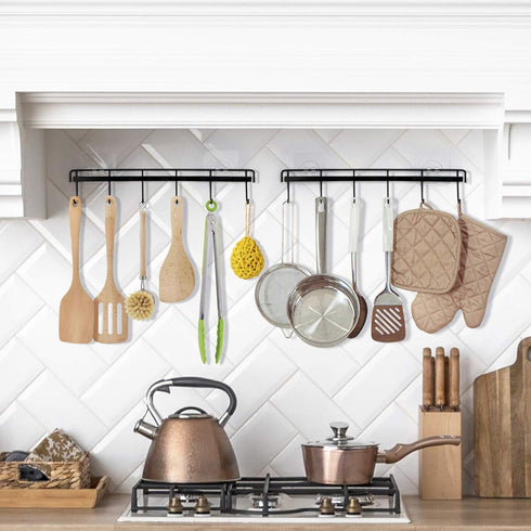 YiZhi Adhesive Wall Hooks Rack, Space Saving Kitchen Rail with 6 Hooks, No Drilling Wall Mounted Accessory Hanger, Pack