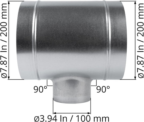 8'' Inch Duct T-Joint Splitter to 4" Inch 90° Degree Branch Connector for Exhaust Systems, T-Shaped Metal Junction