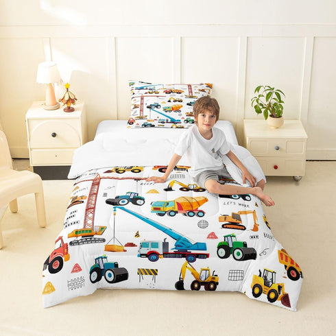 Excavator Comforter Set Twin Size, Tractor Machinery Trucks Bedding Set, Construction Vehicle