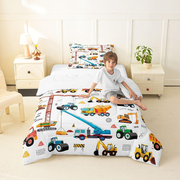 Excavator Comforter Set Twin Size, Tractor Machinery Trucks Bedding Set, Construction Vehicle