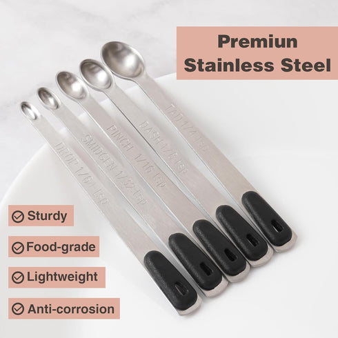 Measuring Spoons Set of 5, Tiny Stainless Steel Measuring Spoons with Black Silicone Handle for Dry or Liquid