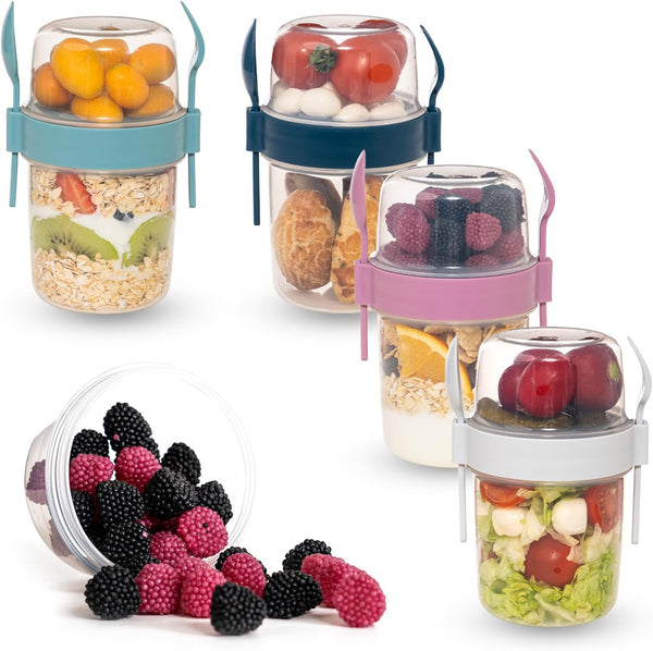 4-Pack 22 oz Portable Breakfast Cups with Lids & Spoons Reusable Cereal