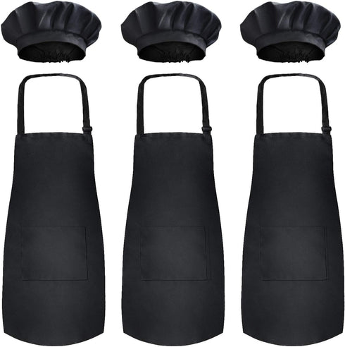 Novelty Place Kid's Apron with Chef Hat Set (3 Set) - Skin-friendly Children’s Bib with Pocket for Cooking